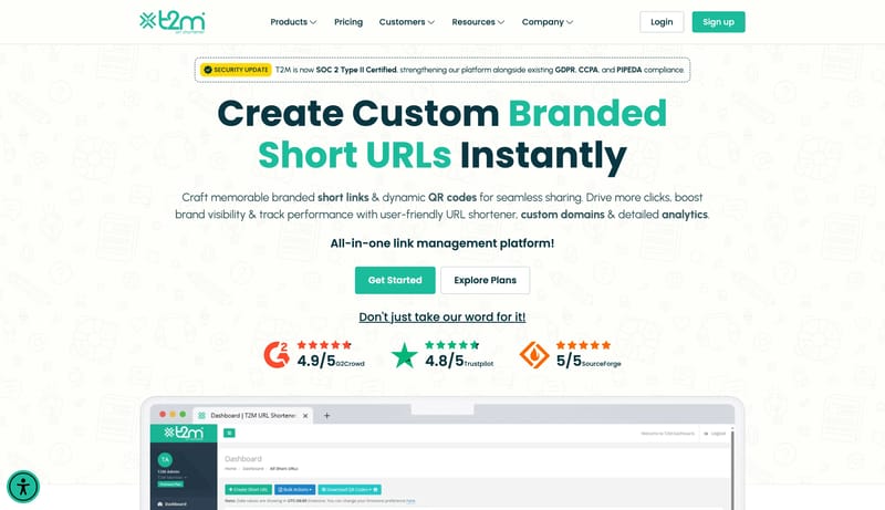 Custom URL Shortener, Branded Domain, QR Code Generator | T2M