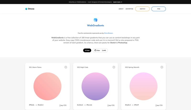 WebGradients - Free CSS Gradients for Backgrounds and UI by itmeo