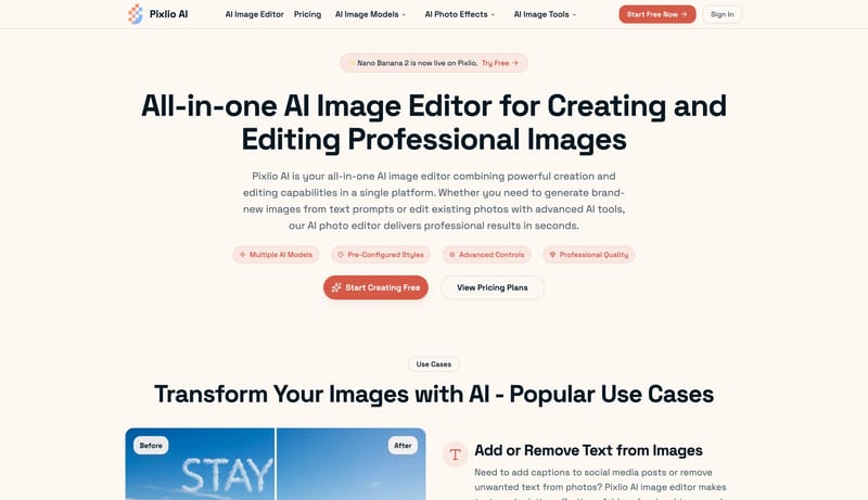 Pixlio AI | Free AI Image Editor - Nano Banana 2, Nano Banana, Seedream 5, Seedream 4.5 & More