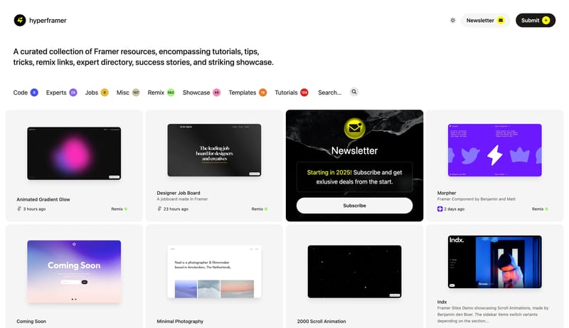 HyperFramer - A curated collection of Framer resources, encompassing tutorials, tips, tricks, remix links, expert directory, success stories, and striking showcase.