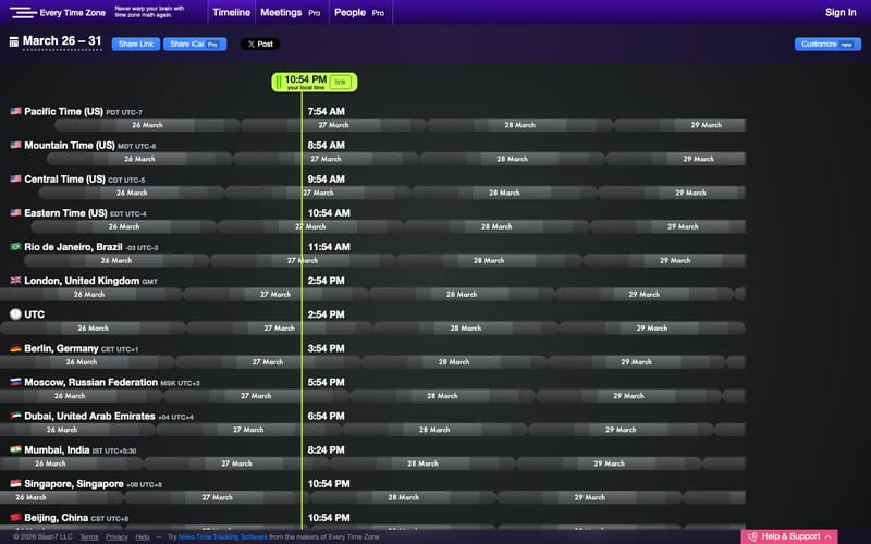 Every Time Zone: time zone converter, compare time zone difference and find best time for a meeting with one click
