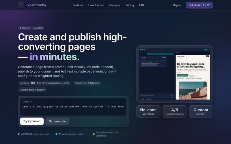 Experimently — Launch a tailored landing page with built‑in leads in minutes