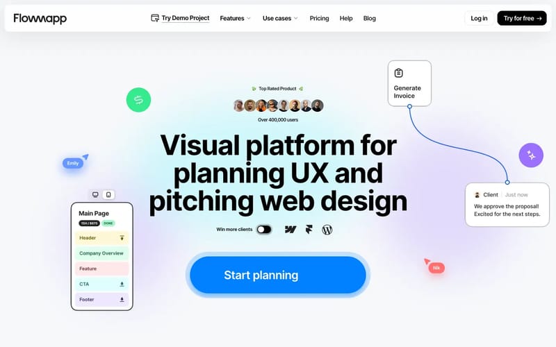Flowmapp website planning tool: Sitemaps, User Flows, Wireframes, and Content