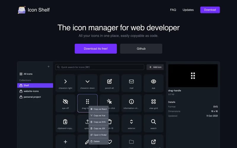 The icon manager for web developer